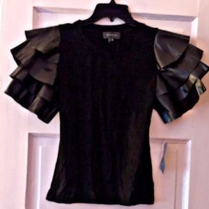 Ruffled Faux Leather Sleeve Top